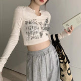 Slim-fit Graffiti Long-sleeved Crop Top